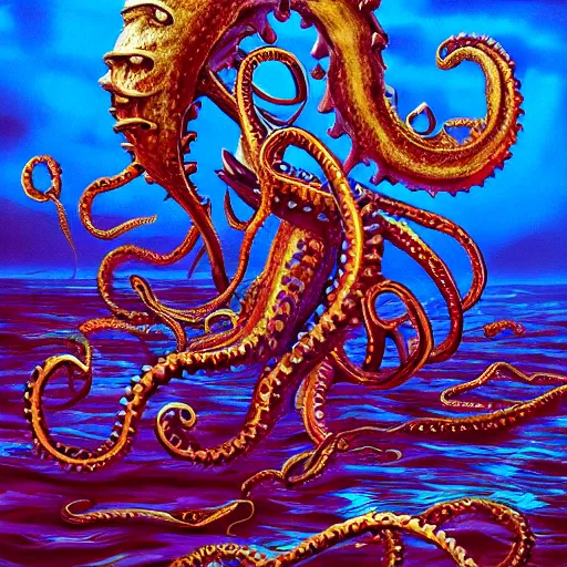 Image similar to kraken arm rising out of the ocean,, trending on artstation, colorful, intricate,
