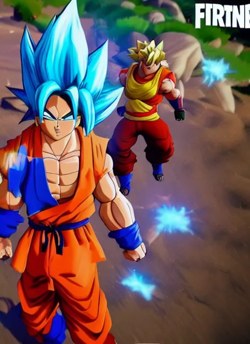 Image similar to game still of a sayan goku as a fortnite skin in fortnite by fortnite, pose.