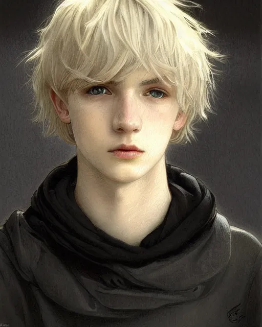 Image similar to portrait a 1 5 - year - old boy, with slender, sleek white - blond hair, cold grey eyes, a pale complexion with sharp and pointed features, wearing black clothes, hyper realistic face, beautiful eyes, close up, fantasy art, in the style of greg rutkowski, intricate, alphonse mucha, hyper detailed, smooth