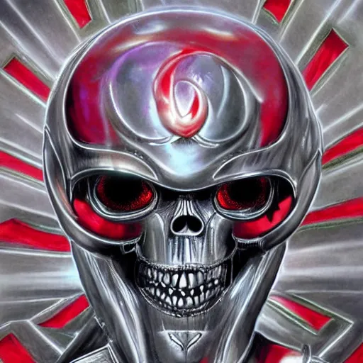 Prompt: high fantasy 1 9 8 0's wargame airbrushed artwork, a giant silver reflective chrome android wearing a mask shaped like an intricately carved beautiful human skull with a giant red pentagram on top and shiny glowing red demonic eyes, shiny black latex armor, inside a futuristic army base