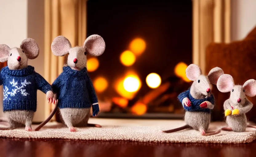 Prompt: a mouse family sitting in front of a cozy christmas fireplace wearing woolen sweater, cinematic lighting, dark atmosphere