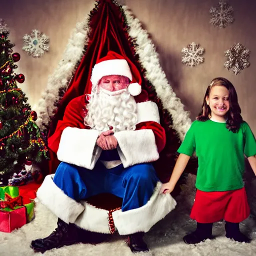 Prompt: Holiday Mall Santa Photo of child with the face of Hulk Hogan sitting on Hulk Hogan’s lap, 8k hyper realistic HDR