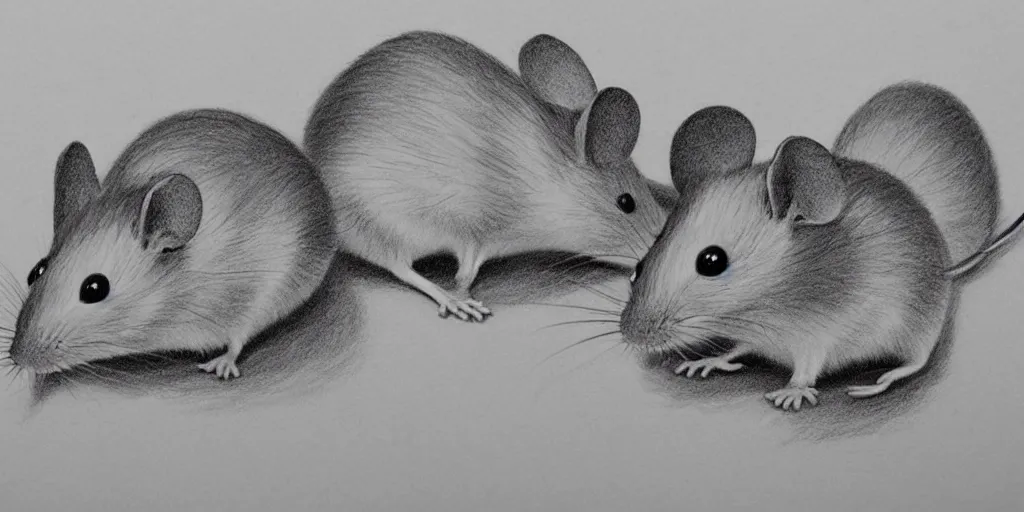 Prompt: a beautiful pencil drawing of exactly three!!!!! cartoon mice; masterpiece; extremely highly detailed; ultra-realistic; trending on artstation