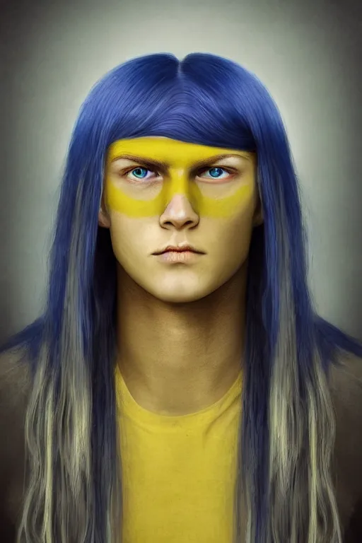 Prompt: a boy with long blue hair and yellow eyes, hyperrealistic, symmetrical, face portait, high coherence