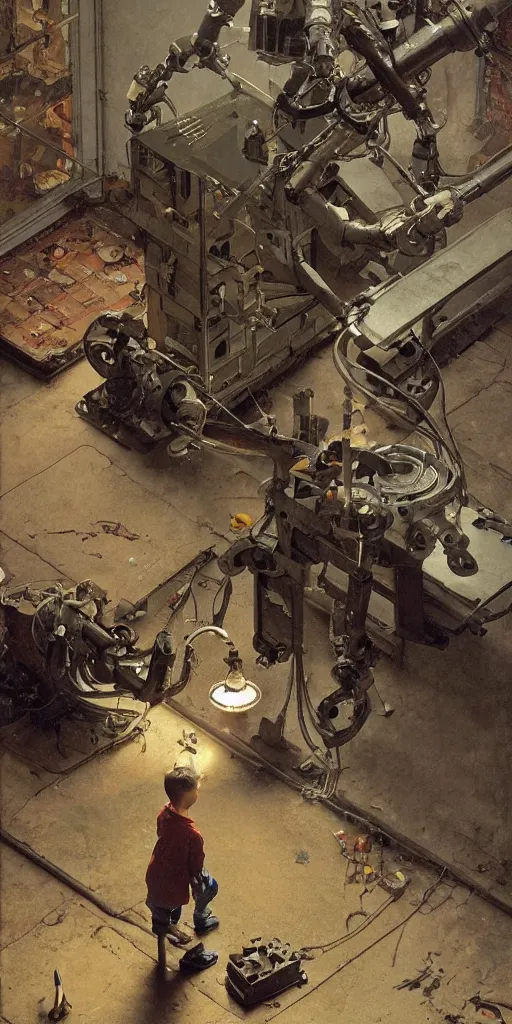 Prompt: a boy fixing his robot, part by Norman Rockwell, part by Greg Rutkowski , part by Mattias Adolfsson, high angle, volumetric lighting, oil on canvas