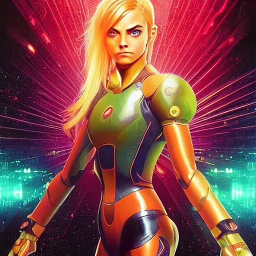 Image similar to Symmetric movie poster of Cara delevingne as Samus Aran , Marviel Style cover art, ultra wide lens shot,cinematic lighting, beautiful,art by Artgerm and Greg Rutkowski and Alphonse Mucha