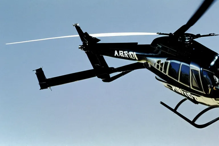 Image similar to Airwolf flying above Knight Rider, helicopter above sports car, action TV show, cinematic lighting, 1980s television show