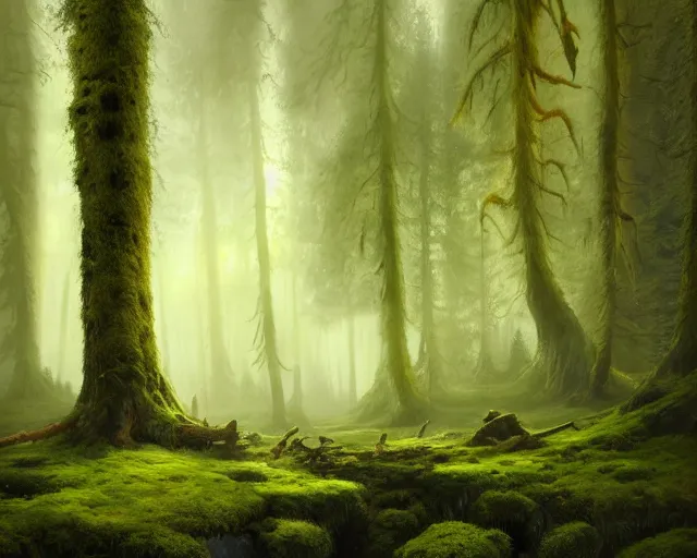 Prompt: Fantasy Oil painting of Hoh National Forest and logs covered in moss, Greg Rutkowski, National Geograpic, Trending on Artstation, Morning Glow