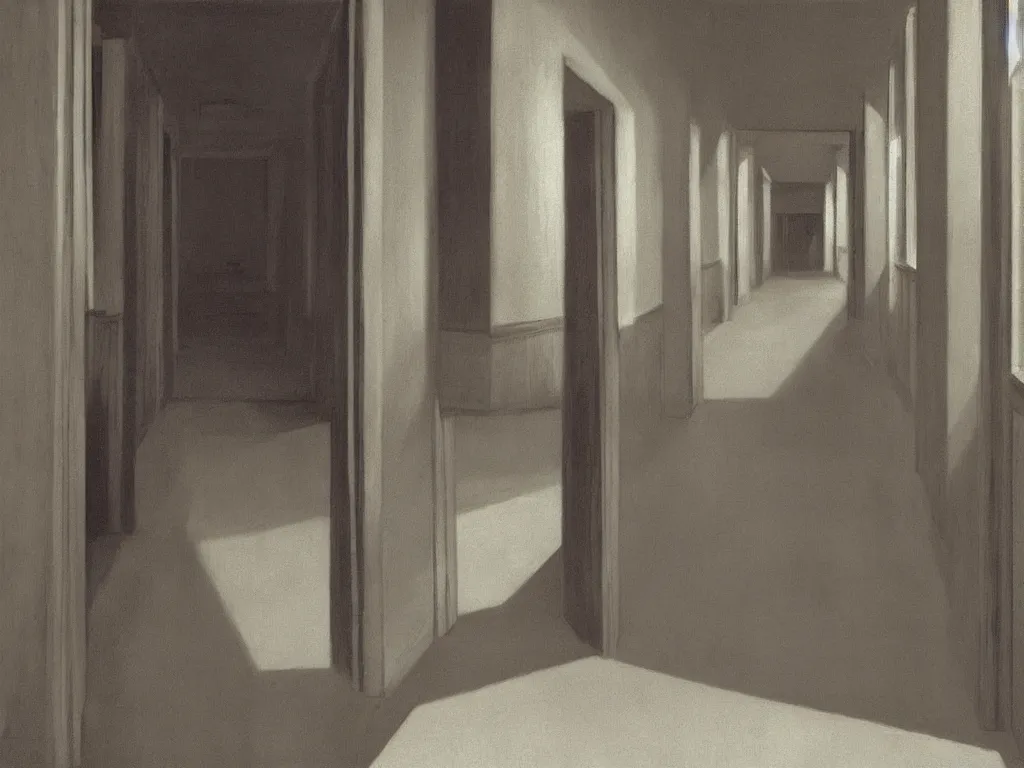 Image similar to the shinning hotel hallway, 70s, americana, dim, dark, lone scary silhouette in the distance, ultra view angle view, realistic detailed painting by edward hopper