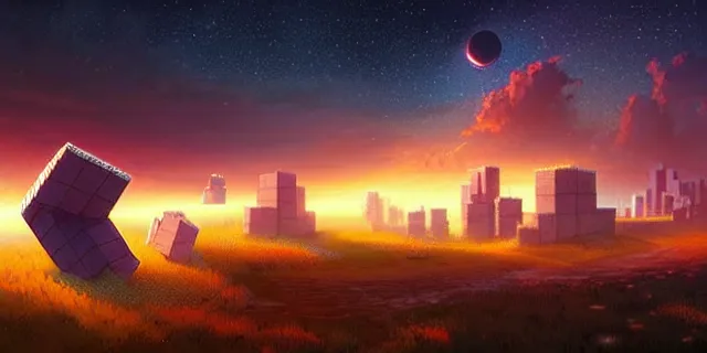 Image similar to a fleet of giant futuristic cubes in the sky glowing in sync, a fantasy magical landscape seen in the distance, atmospheric lighting, intricate, volumetric lighting, beautiful, sharp focus, ultra detailed, in the art style of marc simonetti, bowater charlie and brom gerald, astrophotography