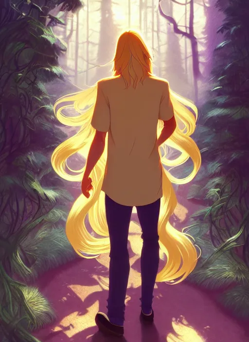 Image similar to book cover design, slender young man with long golden blond hair, shiny and sparkling, from behind, back shot, lost in a magical forest, natural lighting, path traced, highly detailed, high quality, cartoon, digital painting, by don bluth and ross tran and studio ghibli and alphonse mucha