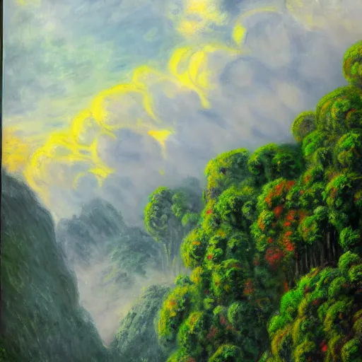 Image similar to a beautiful painting about a futuristic military landing in a misty rainforest, surrounded by mountains and clouds. Trending on Artstation. modern atlantic prism quetzal cabinet urn lemon, by Claude Monet and Paul