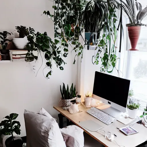 Image similar to a cozy HYGGE gaming station, dim lights, many plants, night