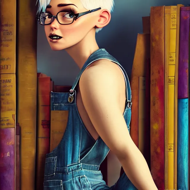 Image similar to full body pose, beautiful adult fairy, pixar, short white hair shaved sides, dirty, grungy, grunge, long sleeve, painted overalls, stacks of giant books, highly detailed, 4 k, hdr, smooth, sharp focus, high resolution, award - winning photo, artgerm, photorealistic