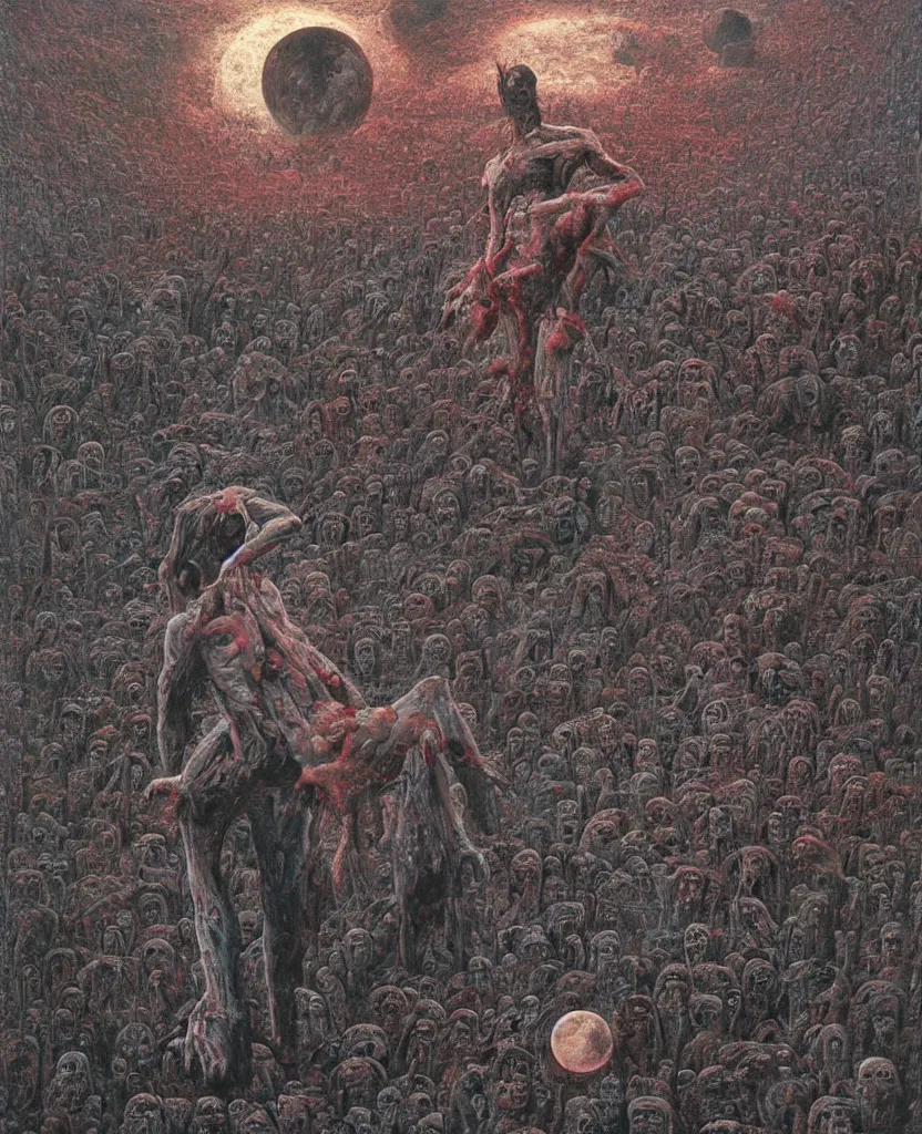 Prompt: moon made from thousands of bloody corpses of Nicolas Cage, body horror, flesh, grotesque hell, highly detailed, artstation, art by zdislav beksinski, wayne barlowe, phil hale