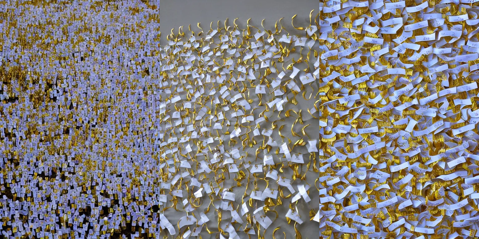 Prompt: Storm of white ribbons and gold scrolls.