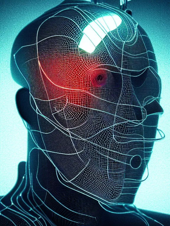 Image similar to cyborg head covered in bard wire, 3 d, in the style of blade runner, octane render, 8 k, rim lighting