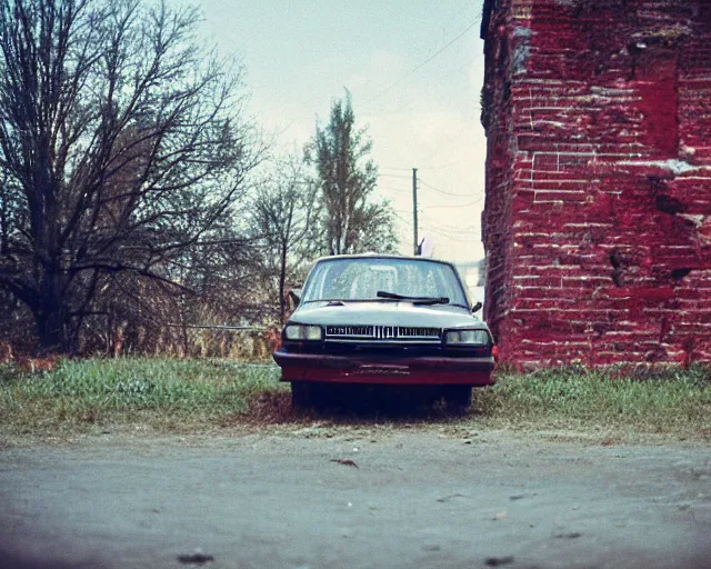 Image similar to a lomographic photo of old lada 2 1 0 7 standing in typical soviet yard in small town, hrushevka on background, cinestill, bokeh