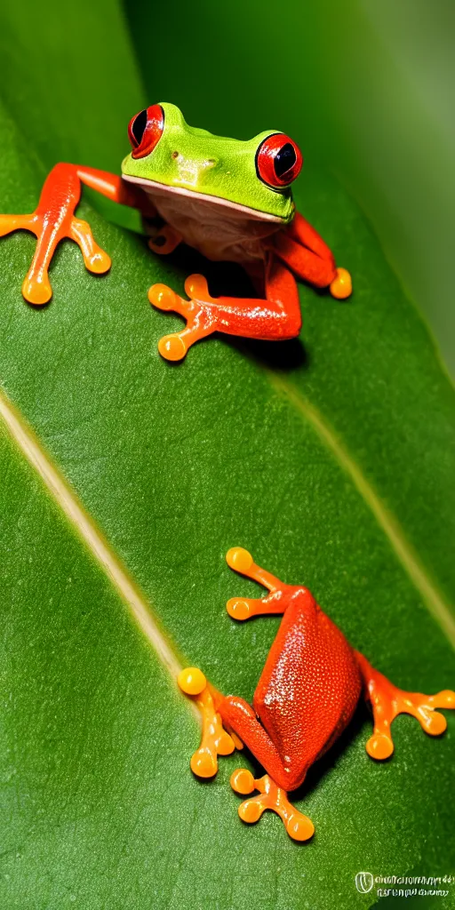 Prompt: one red-eyed tree frog on a leaf with water droplets, Nikon D810, ƒ/5.0, focal length: 46.0 mm, Exposure time: 1/60, ISO: 400, hyper-detailed, award-winning National Geographic photo