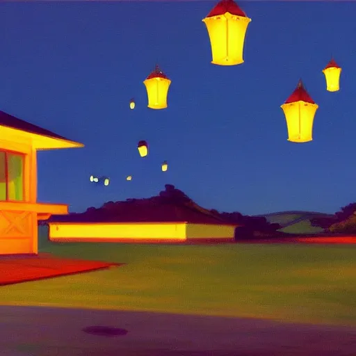 Prompt: beautiful lit lanterns flying in the night sky, edward hopper art style, 4 k