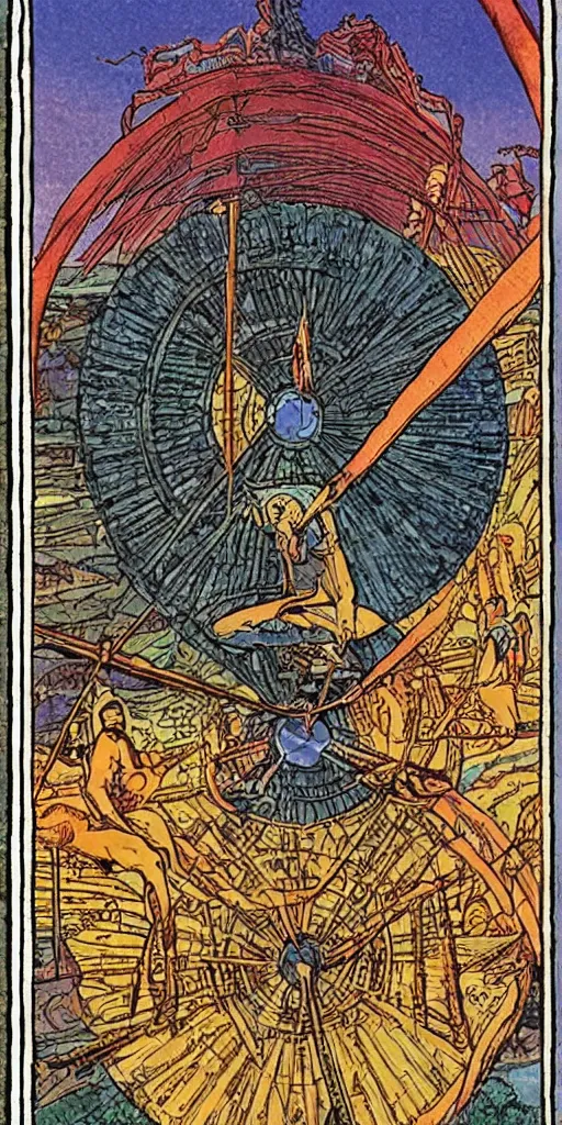 Prompt: the tarot card of the wheel of fortune painted by moebius.