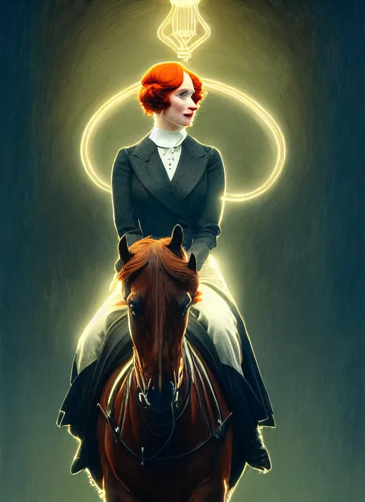 Image similar to symmetry!! portrait of christina hendricks riding a horse in peaky blinders, glowing lights!! intricate, elegant, highly detailed, digital painting, artstation, concept art, smooth, sharp focus, illustration, art by artgerm and greg rutkowski and alphonse mucha