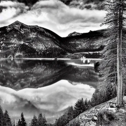 Image similar to lago di sorapis, hyper - realistic black and white drawing, hyper detailed, extreme long shot, in the style of den yakovelv