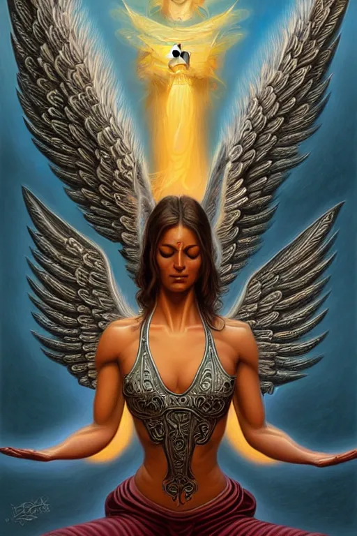 Prompt: angel doing yoga in temple, angel is t - shirt with metal band logo, fantasy, intricate, elegant, highly detailed, digital painting, artstation, concept art, matte, sharp focus art by boris vallejo, smooth, sharp focus, illustration