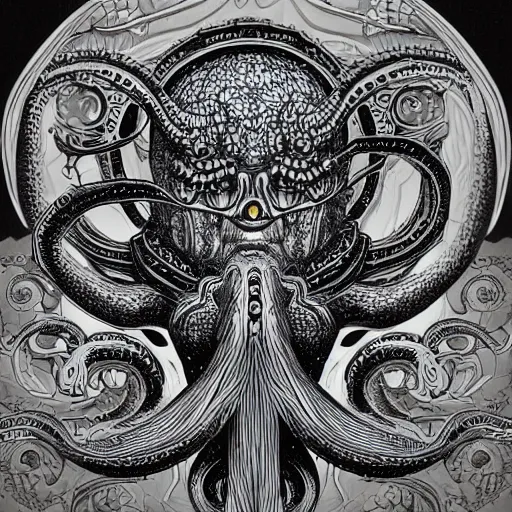 Image similar to the sacred octopus god of the alien people of the ocean world of tao city phi, as he is his worshiped in the architectures of the elaborate and hyperdetailed self - transforming landscape