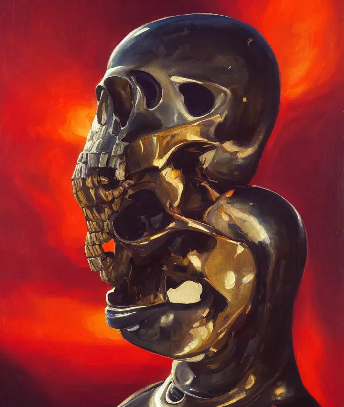 Image similar to a portrait of an astronaut with a skull head standing in front of the entrance to ethereal realm, cinematic and highly detailed oil painting by josep tapiro baro and edward hopper, trending on artstation, oil painting masterpiece, symmetry, mysterious, very aesthetic, cinematic and dramatic red light, 4 k,