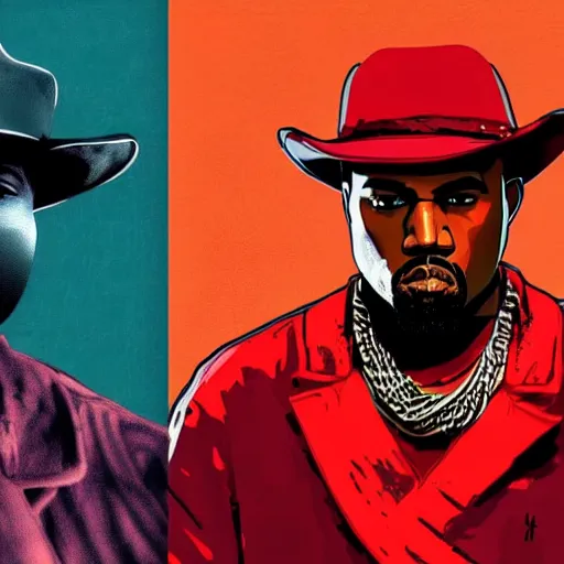 Image similar to kanye west in illustration red dead redemption 2 artwork of kanye west, in the style of red dead redemption 2 loading screen, by stephen bliss