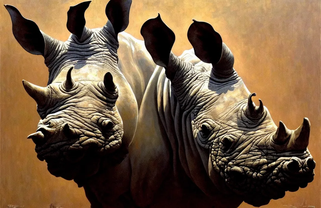 Image similar to portrait of a rhino!!!!!!!!!!!!!!!!!!!!!!!!!!!, detailed face, detailed painting, epic lighting, by ilya repin, phil hale and kent williams