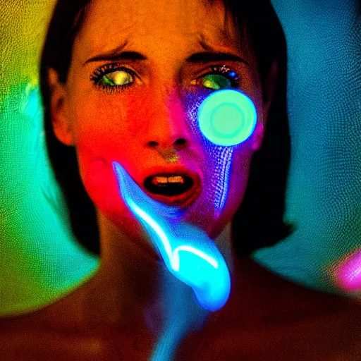 Prompt: portrait of a random woman having an orgasm eyes close mouth open, colorized neon lights, explosion of light, hyperealistic detailed photography, 5 0 mm lens, grainy image