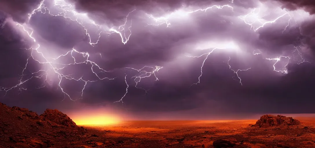 Prompt: a beautiful picture of a dark thundercloud in a desert, intricate detail, god rays, an extremely close lightning strike, sunset, serene, volumetric lighting, volumetric clouds, 8 k, hyperrealistic, digital art trending on artstation