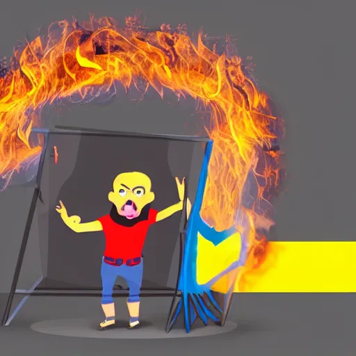 Image similar to selfie of a funny intimidated cartoon ukrainian against the background of a huge letter z made of fire, photorealism