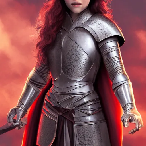 Prompt: emilia clarke, as a medieval fantasy character, with dark reddish hair, wearing light, silver armor and red clothing, tan complexion, holding a longsword, neutral expression, noble, cinematic, dark, realistic, digital art, 8 k