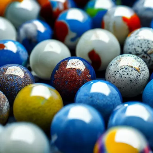 Image similar to pool ball sized marbles on a pool table, close up view, photorealistic,