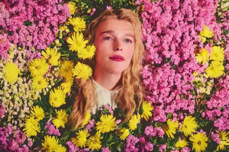 Image similar to vhs 1 9 8 0 s cinema footage of a womans head surrounded by giant beautiful flowers eerie smiling, scene from the movie midsommar, directed by ari aster, vintage film grain