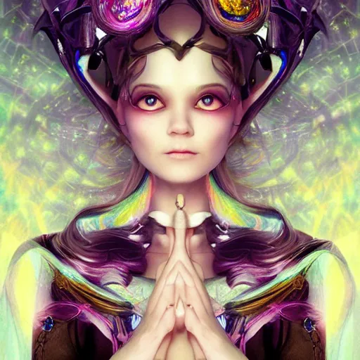 Image similar to A portrait of an ethereal, mysterious stunning maximalist mesmerizing elven girl with elf ears from the rainbow sky paradise in Tron: Legacy (2010), high-tech, Victorian gothic lolita fashion, highly detailed, very beautiful painting by artgerm and WLOP, inspired by Mark Ryden and Hiroyuki-Mitsume Takahashi