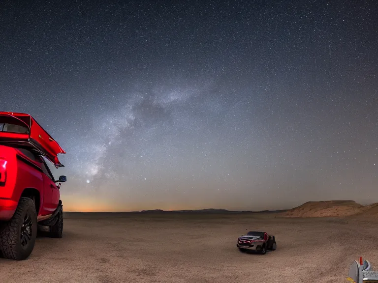 Image similar to dodge ram red power wagon with a roof top tent camping on dry lake night, long exposure, milky way, award winning, cinematic