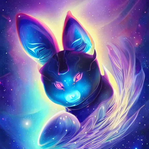 Prompt: geometric symmetrical umbreon with galaxy eyes in space, nebula in the background, intricate, elegant, highly detailed, digital painting, artstation, concept art, smooth, sharp focus, illustration, art by artgerm
