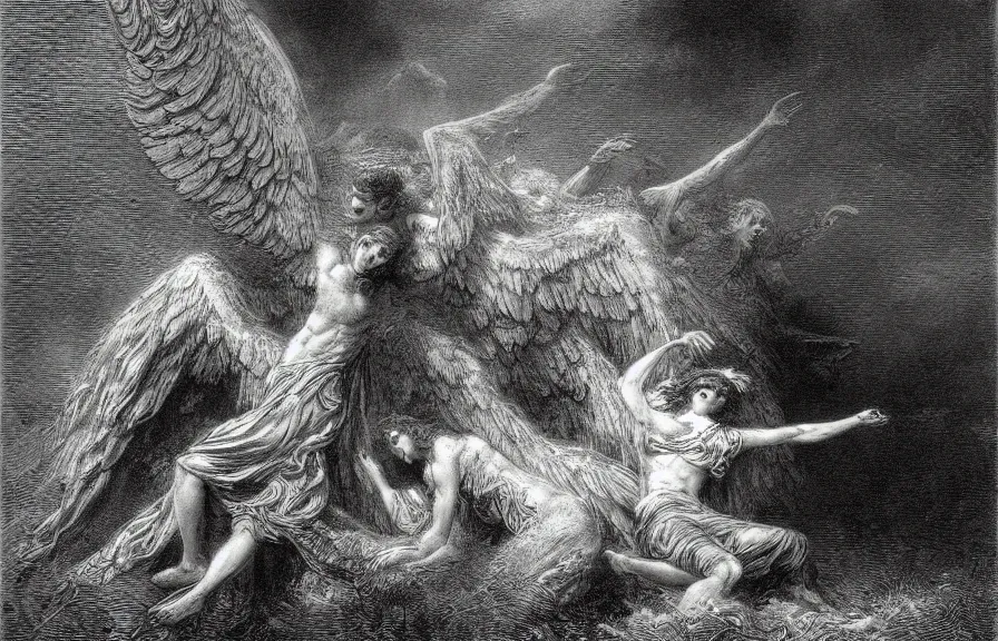 Image similar to fallen angel, illustration by Gustave Dore, high resolution