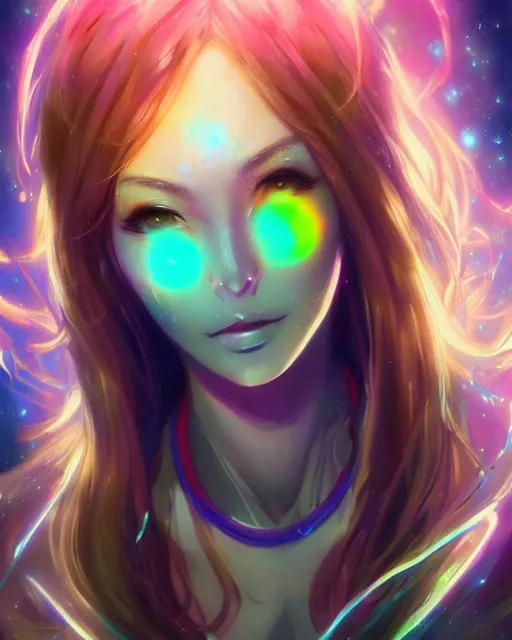 Prompt: A realistic anime portrait of a beautiful cosmic woman with glowing rainbow eyes and cosmic skin wearing clothes made of universes, digital painting, by Stanley Artgerm Lau, Sakimichan, WLOP , Makoto Shinkai and Rossdraws, digital painting, trending on ArtStation, SFW version