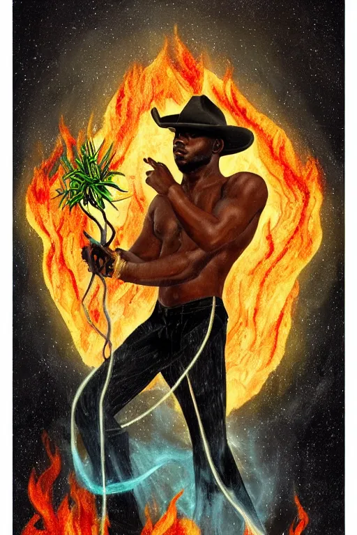 Prompt: a dramatic fiery ethereal epic painting of a handsome! black cowboy offering a small plant | he is shirtless and wearing a hat and boots | background is a fiery! burnt burning forest | tarot card, art deco, art nouveau, homoerotic | trending on artstation