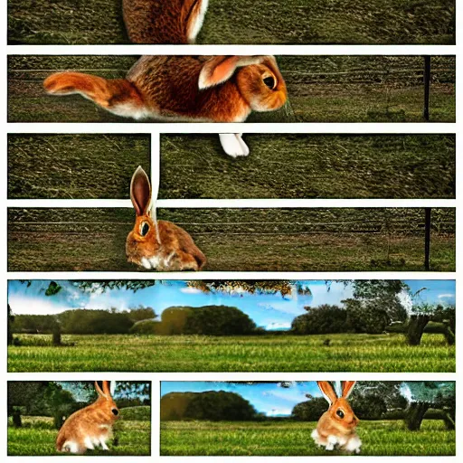 Image similar to a rabbit jumping up over a fence, film strip showing 9 stills in a grid