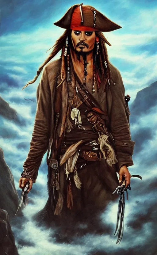 Image similar to a beautiful painting of jack sparrow in the style of wanderer above the sea of fog, featured on artstation