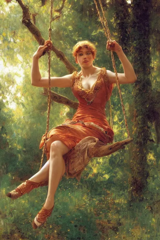 Prompt: full body portrait of her sitting on swing in forest, highly detailed painting by gaston bussiere, craig mullins, j. c. leyendecker, 8 k, mid shot