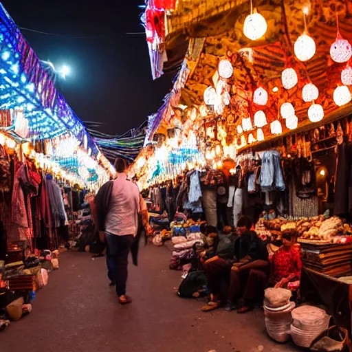 Image similar to a detailed night market full of bears in Marrakech, Gigapixel photo, detailed, glowing string lights, realistic