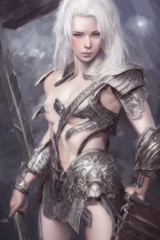 Image similar to A realistic anime portrait of a white haired female barbarian wearing an intricate armor, digital painting, by Stanley Artgerm Lau, Sakimichan, WLOP and Rossdraws, digtial painting, trending on ArtStation, SFW version