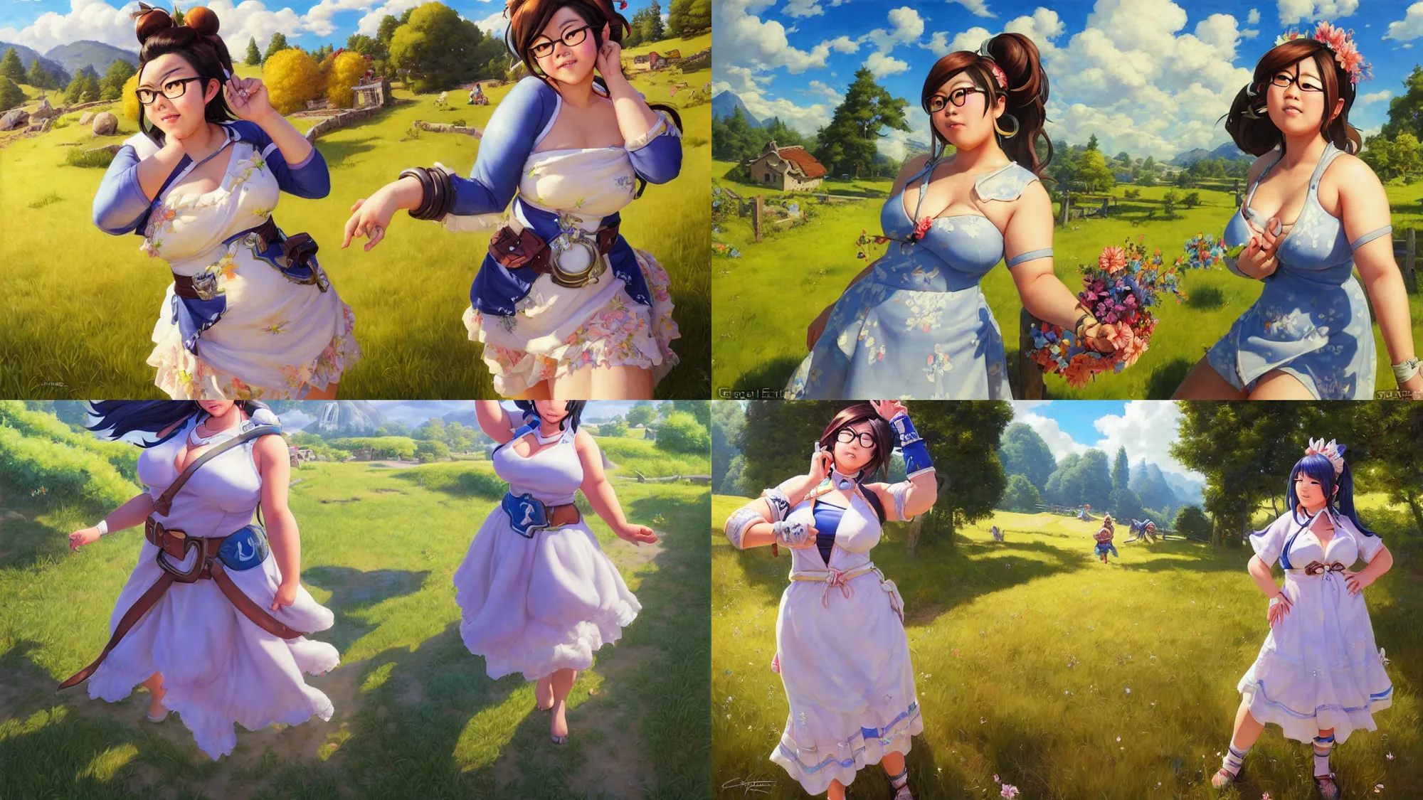 Image similar to portrait, mei from overwatch wearing a beautiful summer dress in the countryside, by greg staples and jeff easley, chubby, beautiful scene, hyper - realistic, intricate, summer day, sunlight, cheerful, soft lighting, detailed